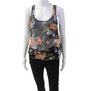 La Fee Verte Womens Silk Floral Print Scoop Neck Sheer Tank Top Black Combo Sz S